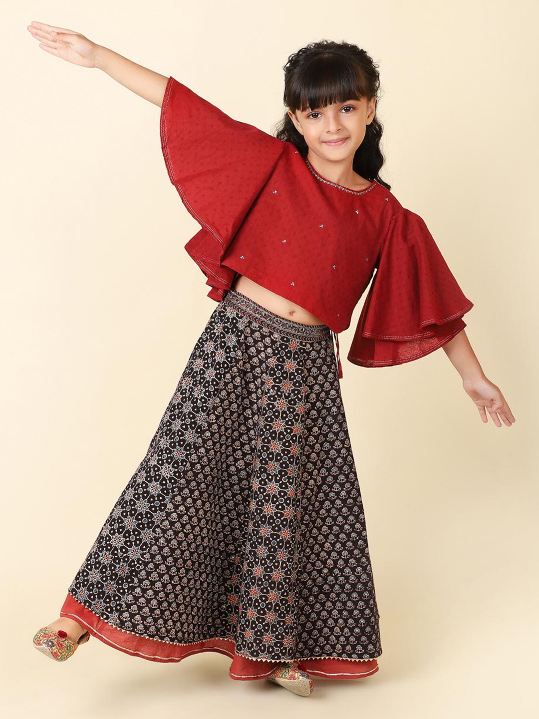 

Fabindia Girls Black & Maroon Embellished Ready to Wear Cotton Lehenga Set