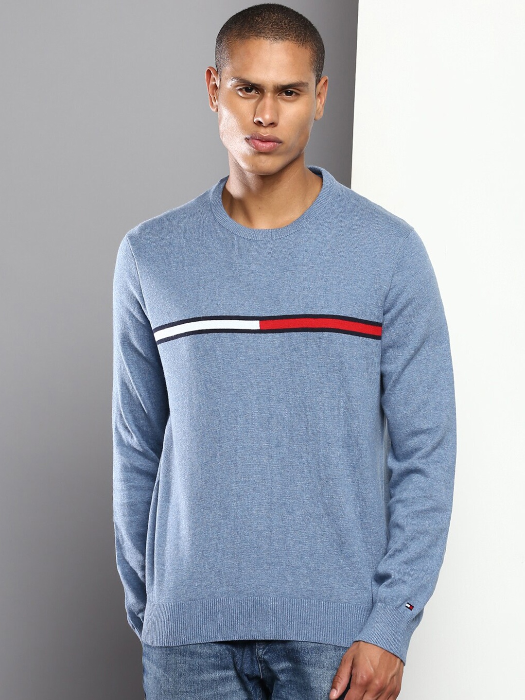 

Tommy Hilfiger Men Blue & White Striped Round Neck Pure Cotton Pullover Sweaters