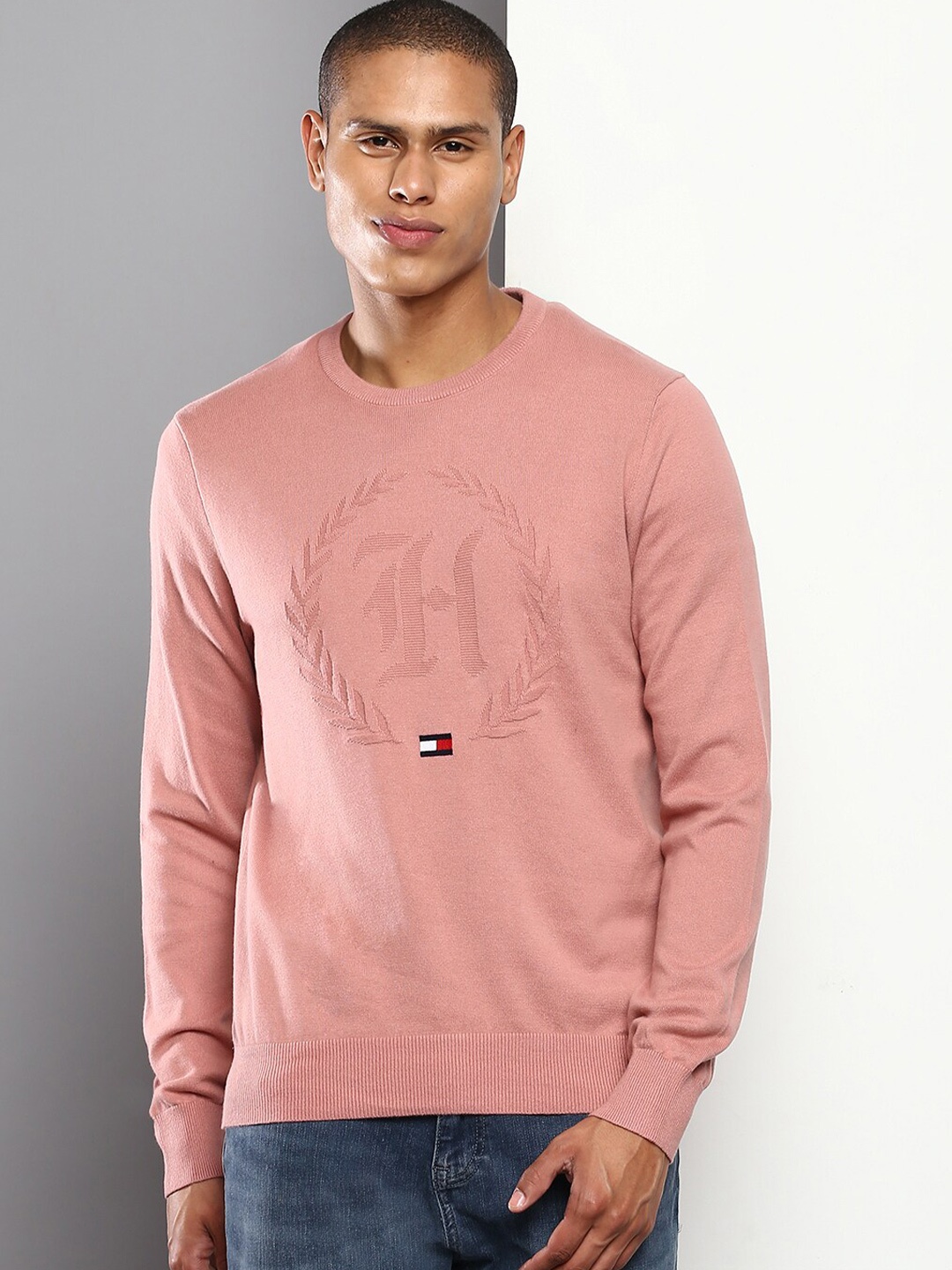 

Tommy Hilfiger Men Red Self Design Round Neck Pure Cotton Pullover Sweaters