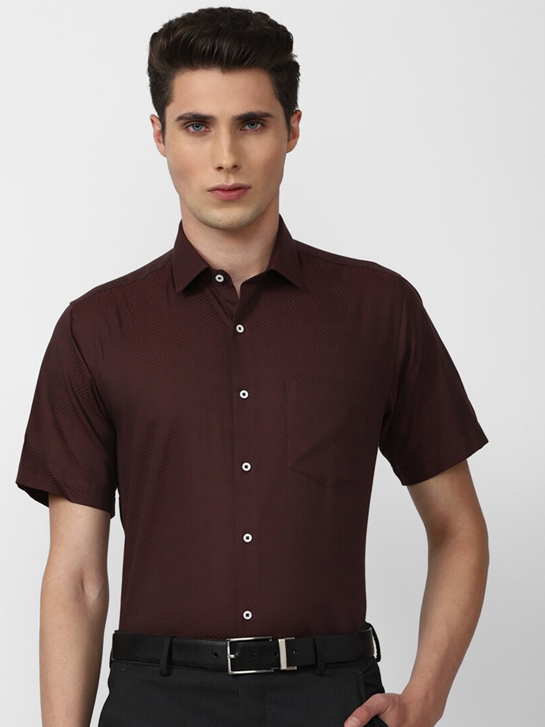 

Van Heusen Men Self Design Geometric Pure Cotton Formal Shirt, Maroon