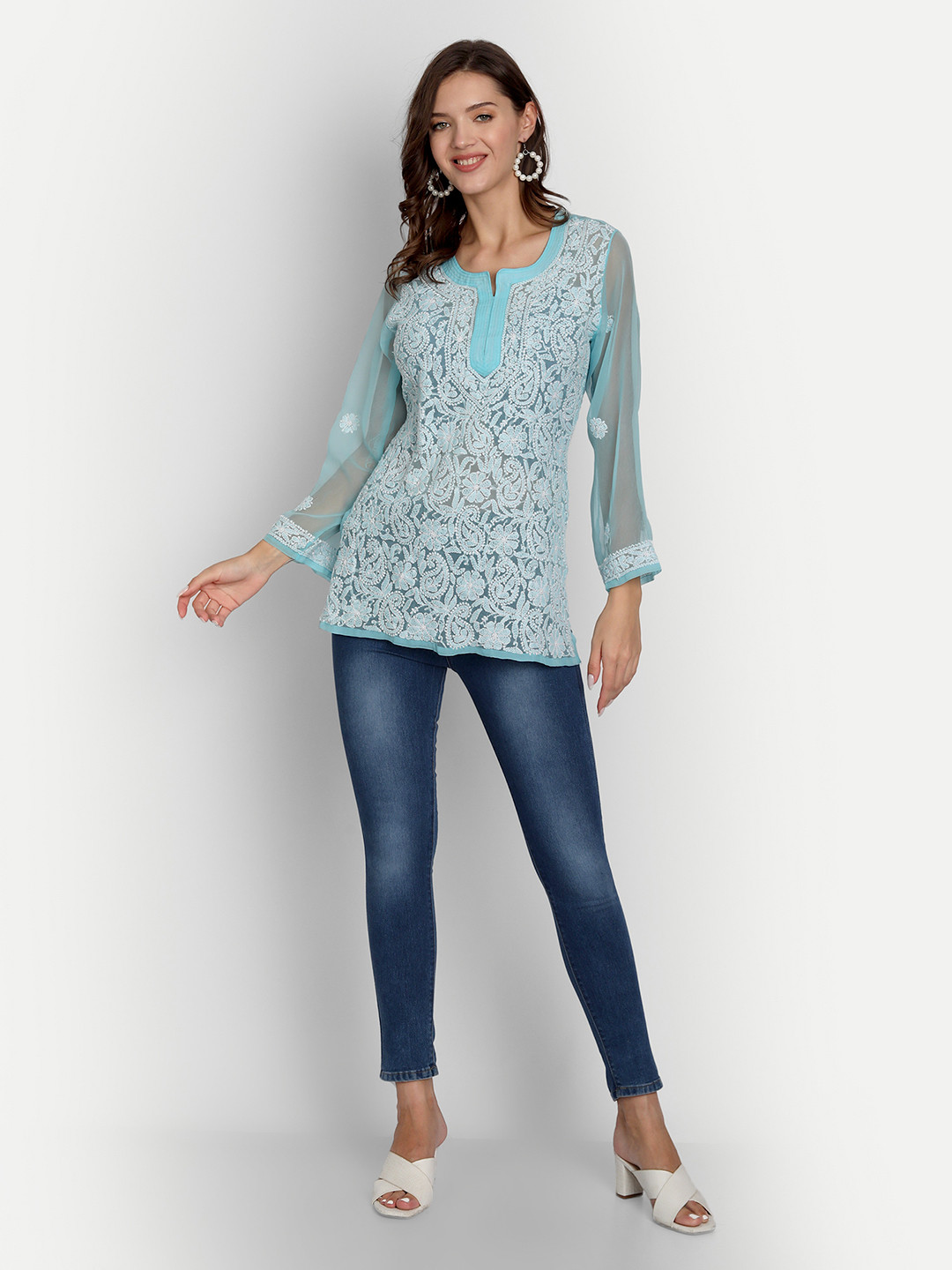 

Indiankala4u Blue Floral Chikankari Embroidered Top