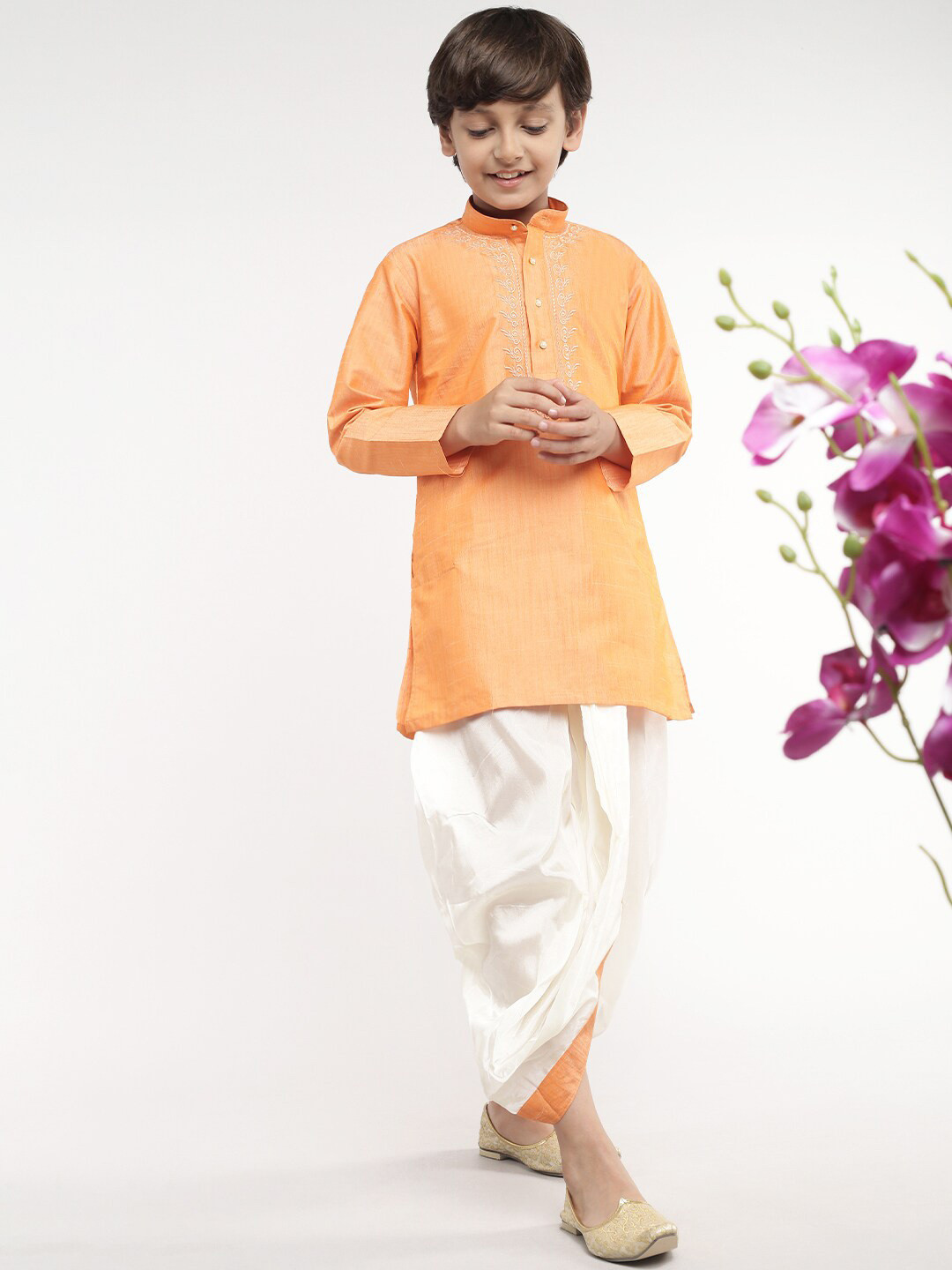 

Ramraj Boys Orange & Cream Coloured Kurta & Dhoti Pants