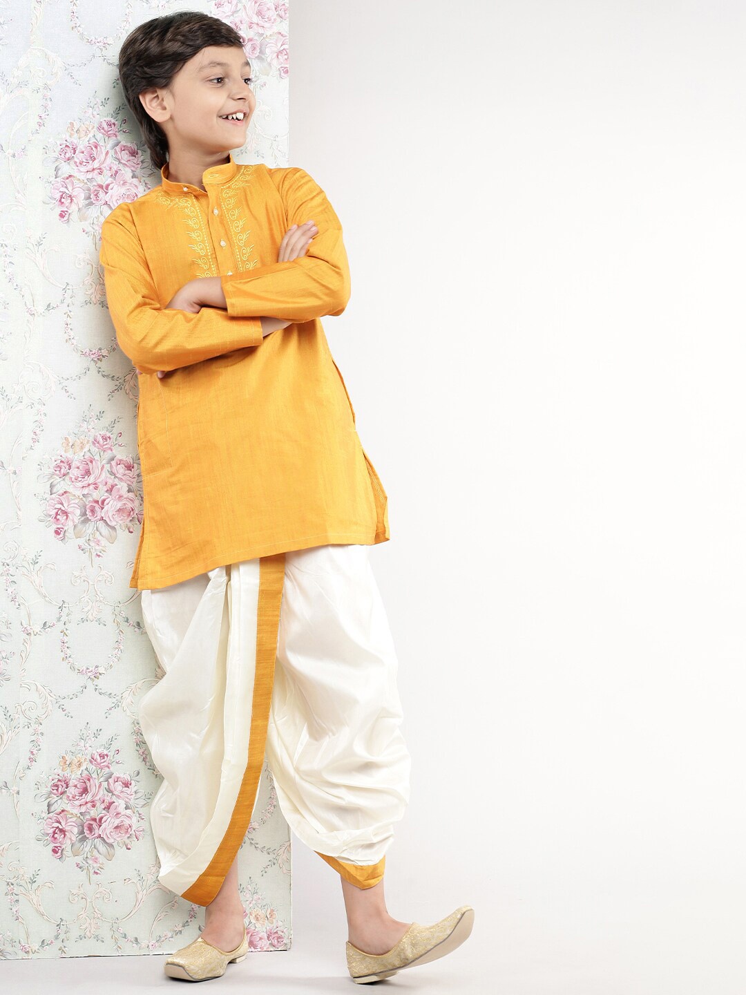 

Ramraj Boys Mustard & Cream Coloured Kurta & Dhoti Pants
