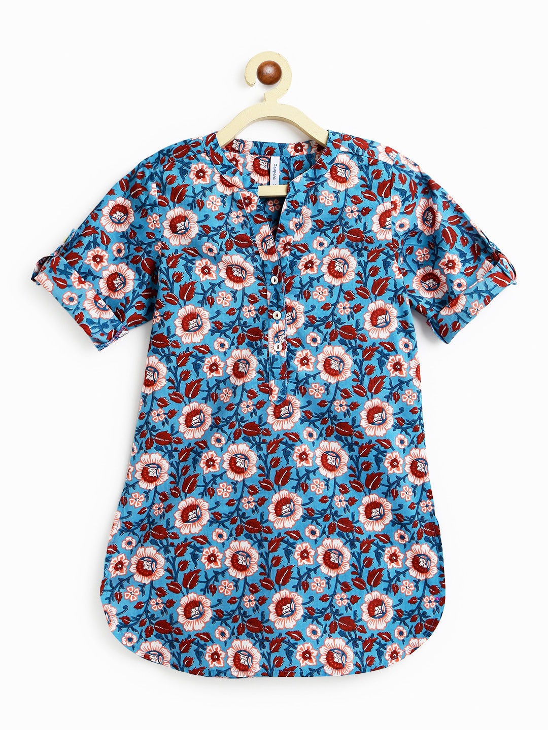 

Campana Girls Blue & Maroon Floral Printed Pure Cotton Straight Kurti