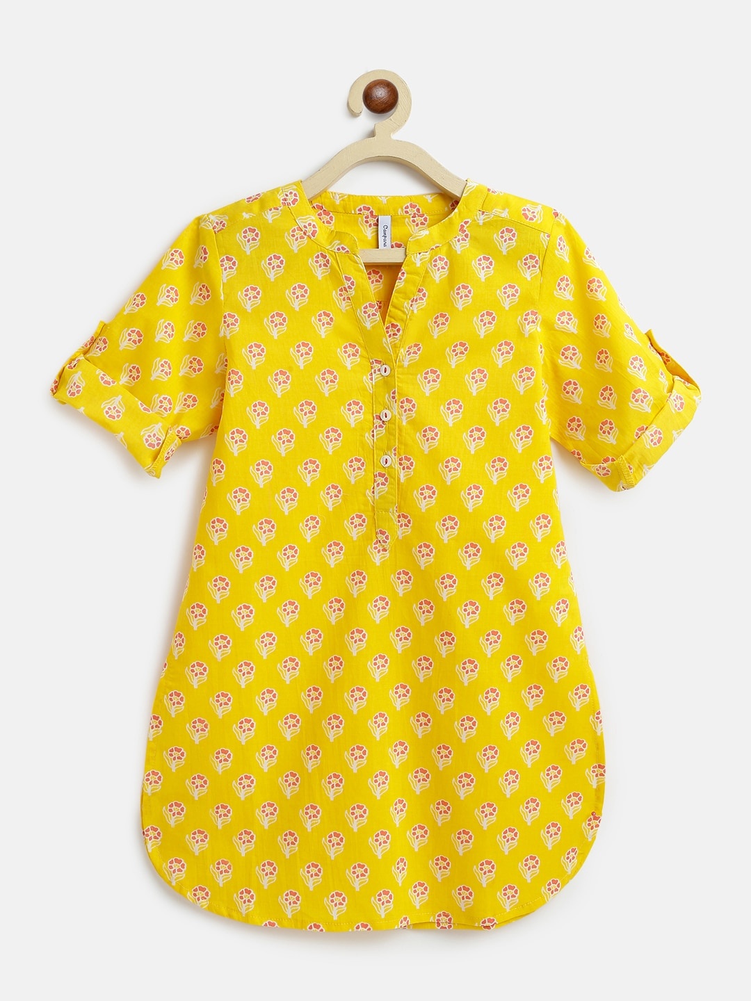 

Campana Girls Yellow & Pink Floral Printed Pure Cotton Straight Kurti