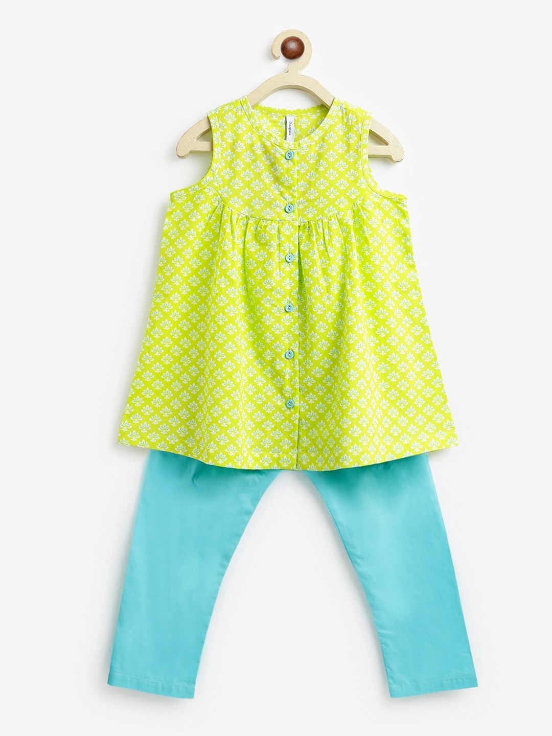 

Campana Girls Lime Green & Turquoise Blue Printed Pure Cotton Empire Kurta with Trousers