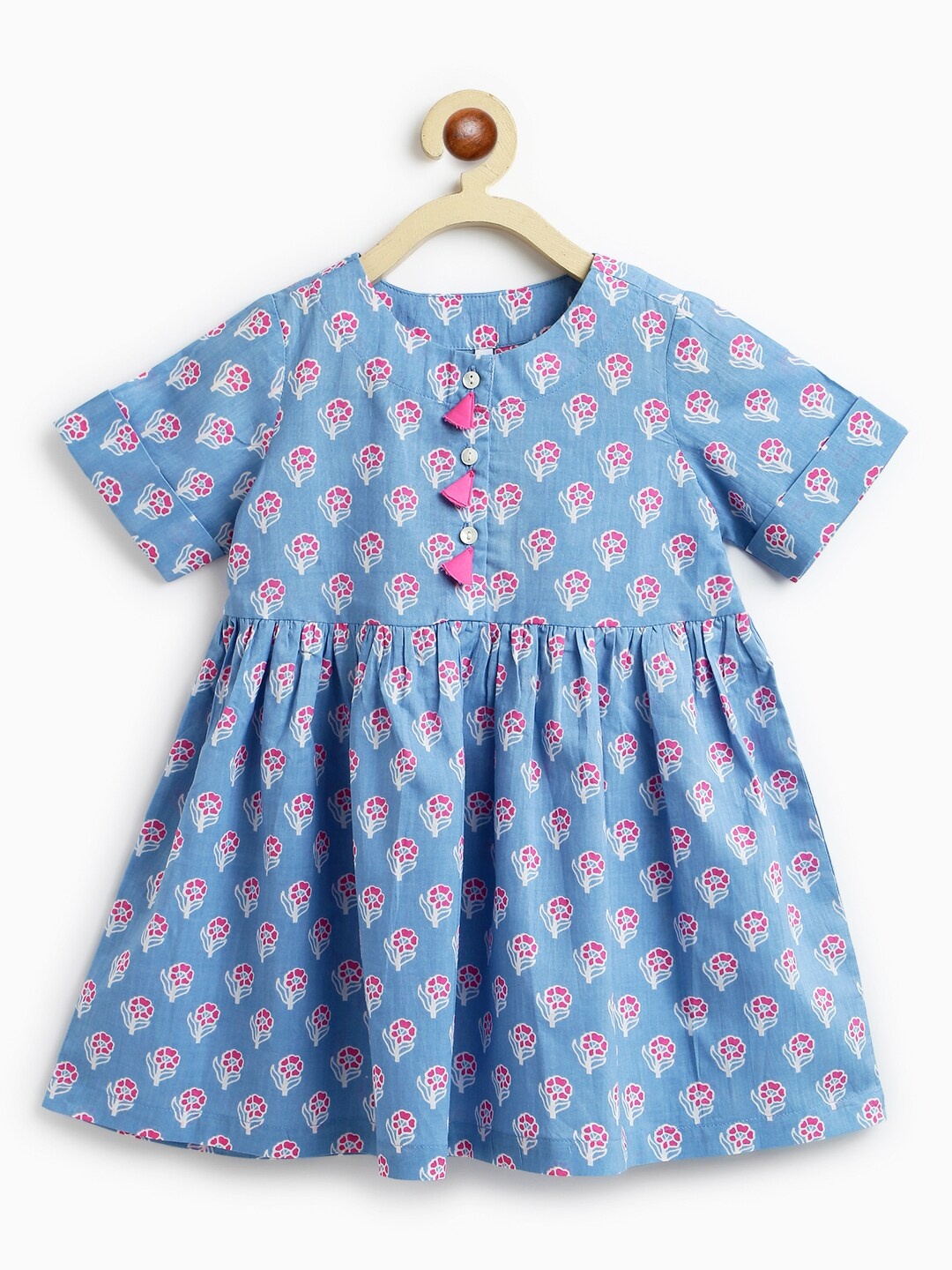 

Campana Girls Blue & Pink Floral Printed Ethnic A-Line Dress