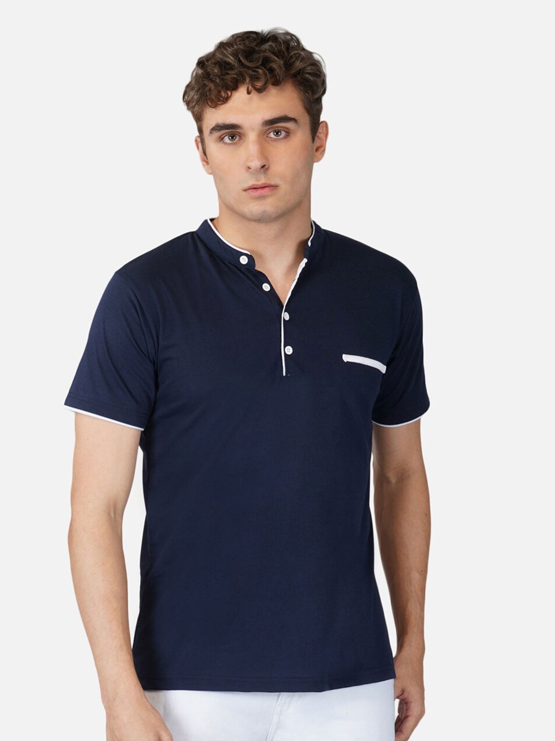 

CLAFOUTIS Men Navy Blue Solid Mandarin Collar Cotton T-shirt