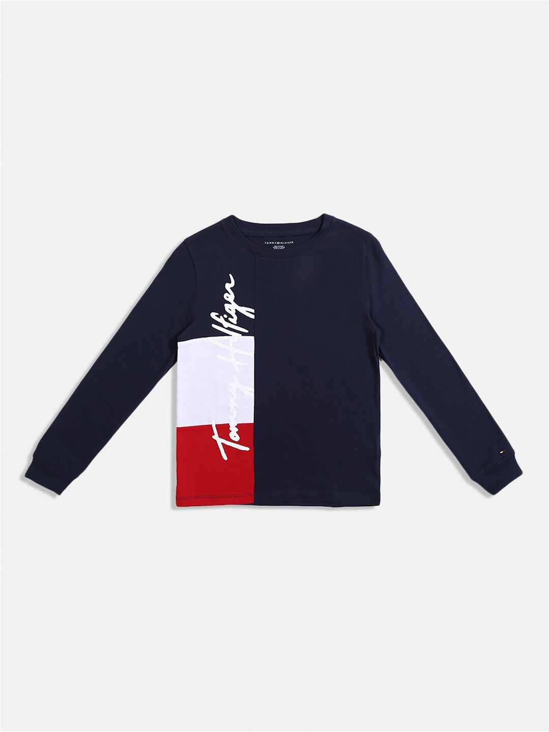 

Tommy Hilfiger Boys Blue Colourblocked Round Neck Pure Cotton T-shirt