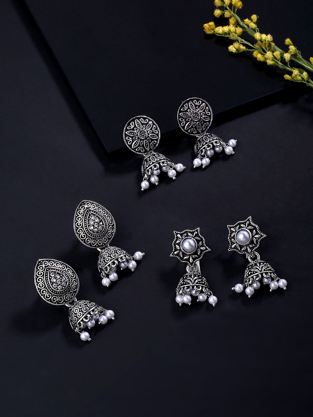 

Yellow Chimes Women Pack of 3 Silver-Toned Contemporary Jhumkas Earrings