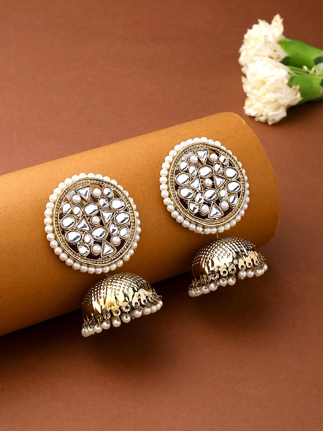 

Yellow Chimes Women Gold-Plated Kundan Studded Jhumka Earrings