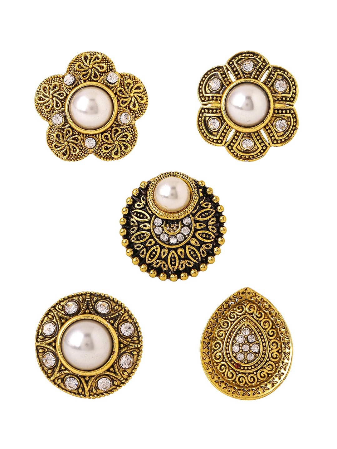 

Yellow Chimes Women Set of 5 Oxidised Gold Pearl Studded Ring