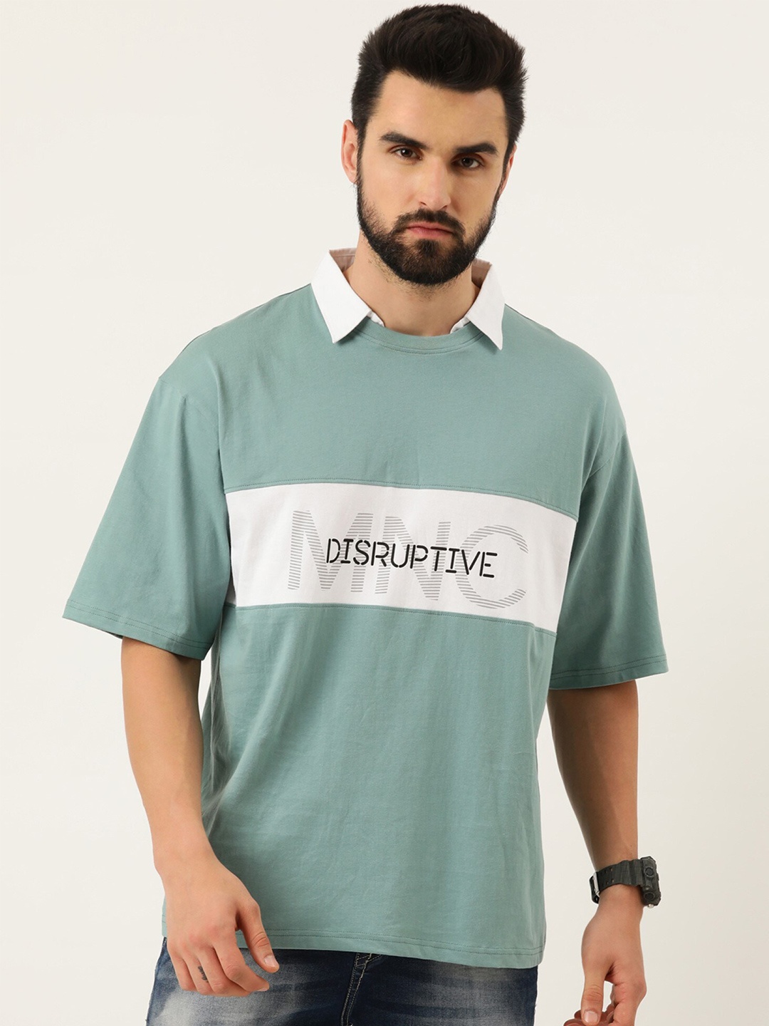 

Maniac Men Green Colourblocked Polo Collar Applique Boxy Pure Cotton T-shirt