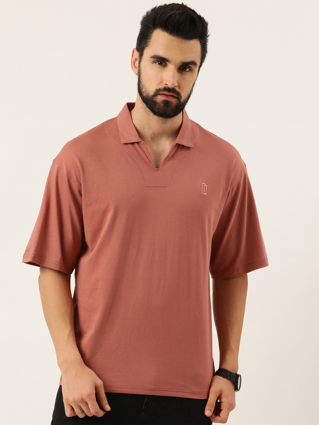 Maniac Men Pink Polo Collar Boxy Pure Cotton T-shirt