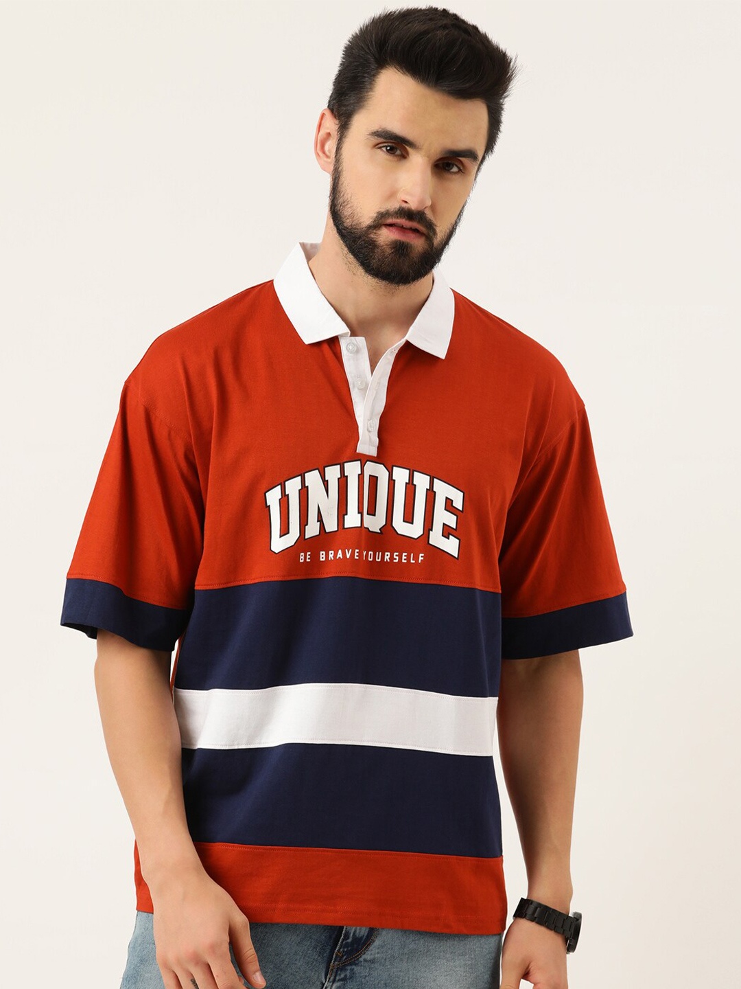 

Maniac Men Red Striped Polo Collar Oversized T-shirt