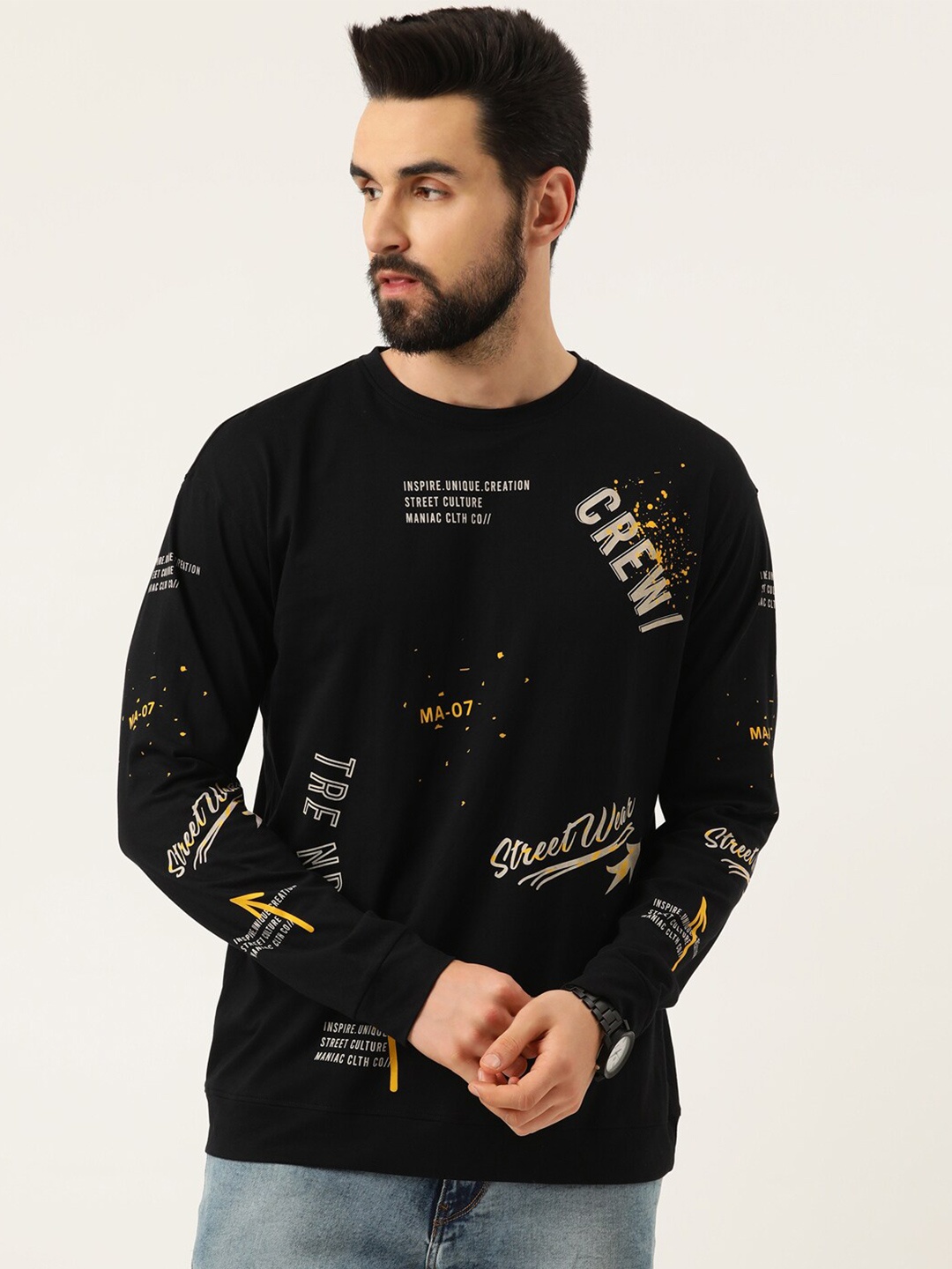 

Maniac Men Black Typography Printed Boxy Round Neck Cotton T-shirt