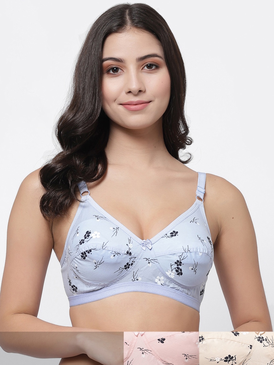 

College Girl Women Blue & Pink Pack Of 3 Cotton Floral Bra