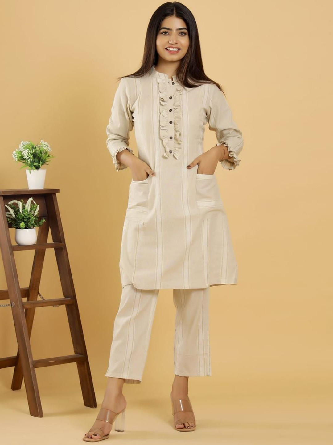 

AUTUMN LANE Women Beige Printed Pure Cotton Top with Trousers