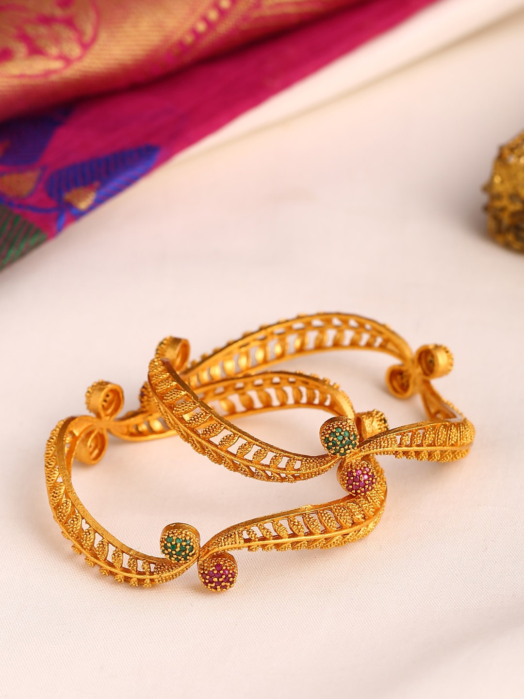 

Shoshaa Set Of 2 Gold-Plated Green & Pink Artificial Stone Studded Bangles