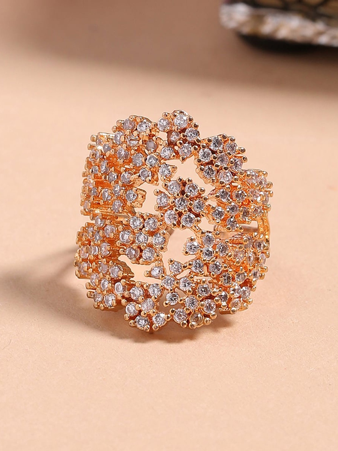 

Shoshaa White Rose Gold-Plated CZ Stone Studded Adjustable Finger Ring