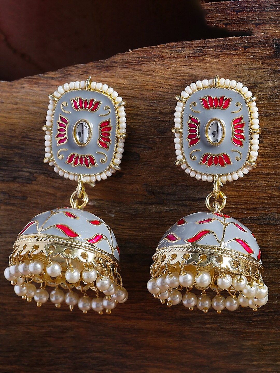 

Shoshaa Grey & White Gold-Plated Dome Shaped Jhumkas Earrings