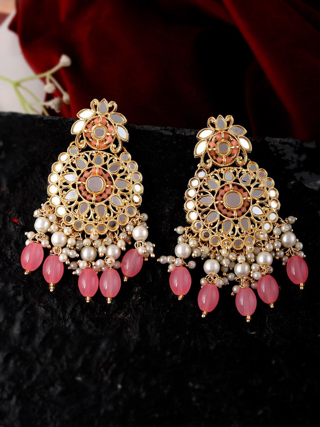 

Shoshaa Pink & White Gold-Plated Contemporary Drop Earrings