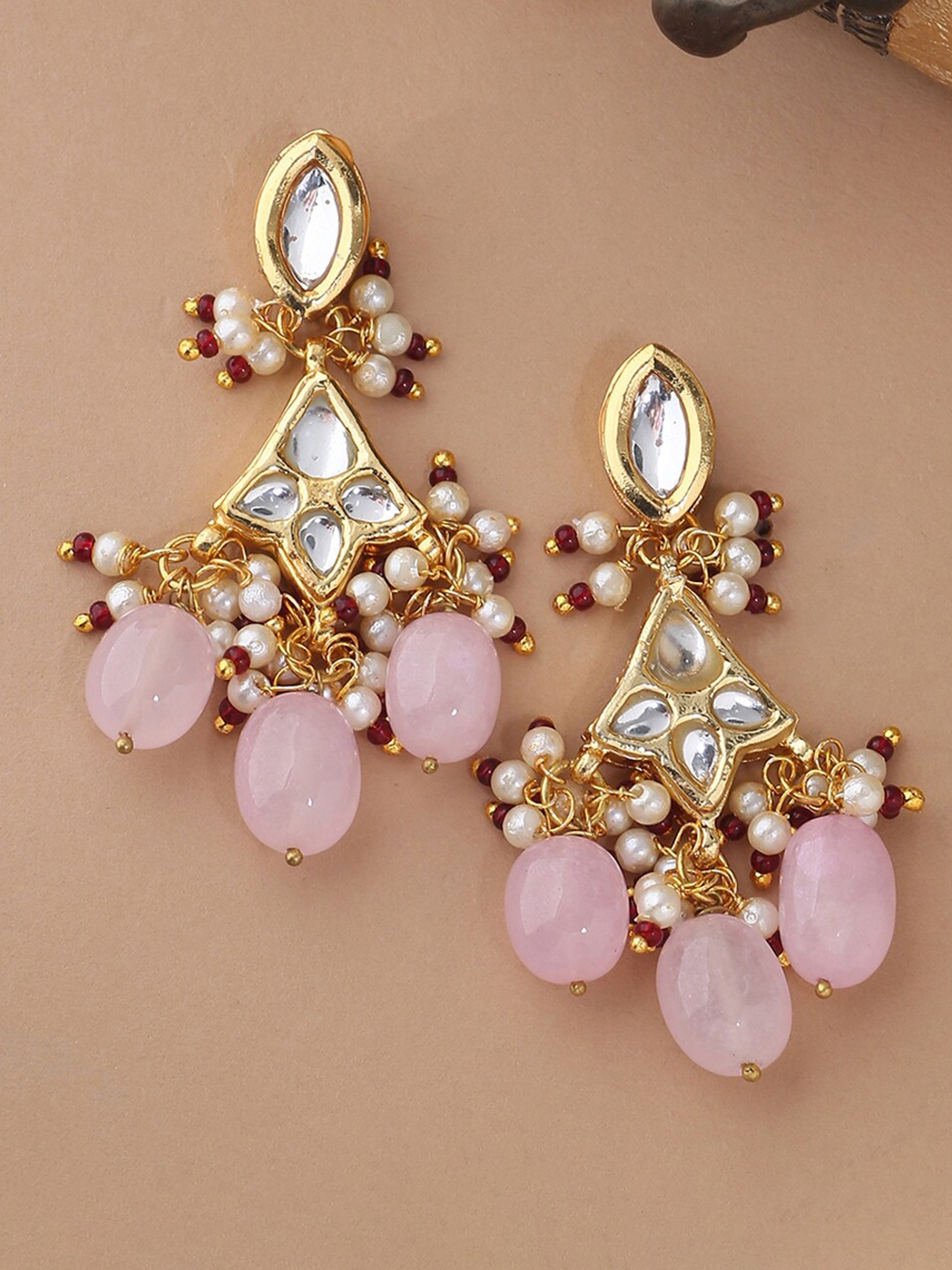

Shoshaa Pink & White Gold-Plated Contemporary Drop Earrings