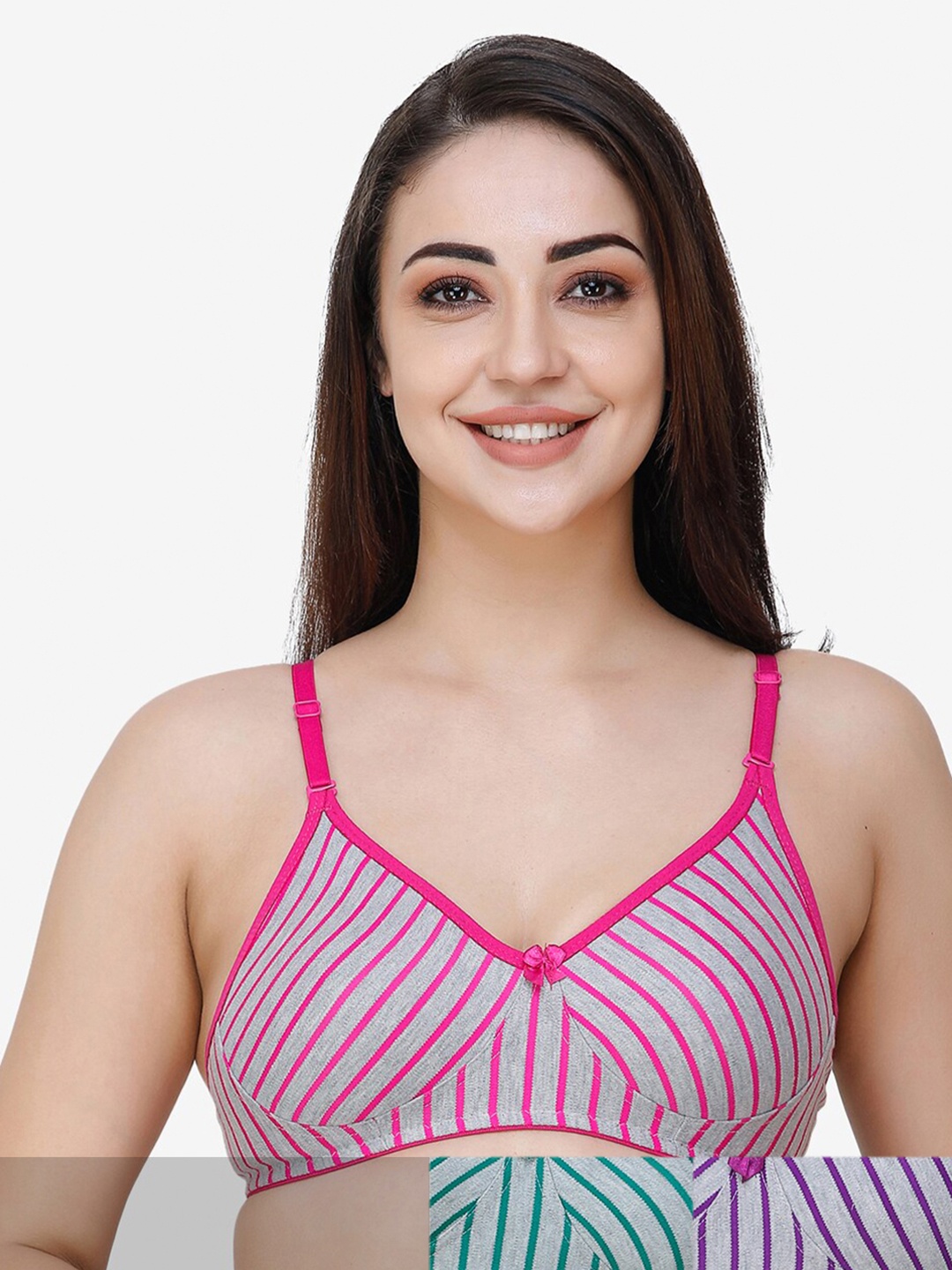 

Docare Green & Pink Pack of 3 Cotton Striped Non Wired Bra