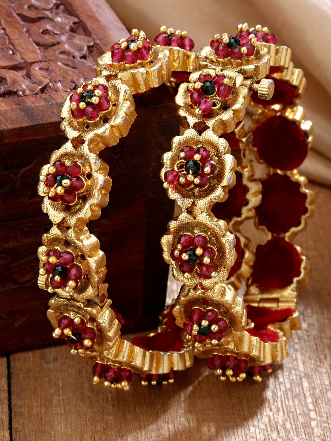 

KARATCART Women Set Of 2 Gold-Plated Red & Green Crystals-Studded Floral Design Bangles