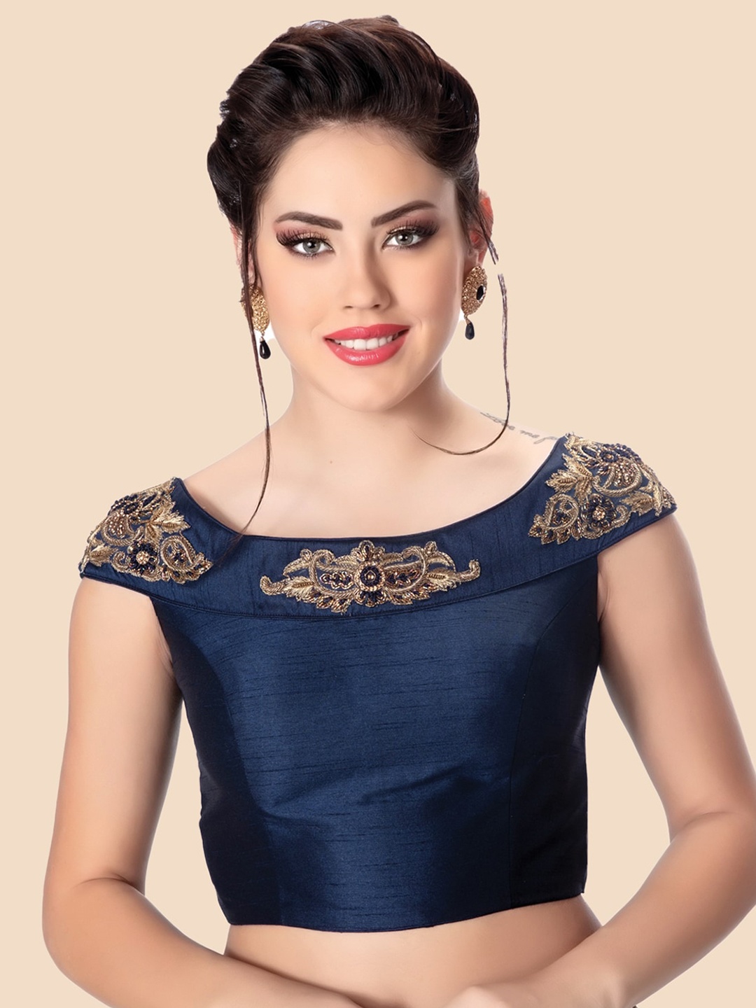 

neckbook Navy Blue Embroidered Silk Saree Blouse