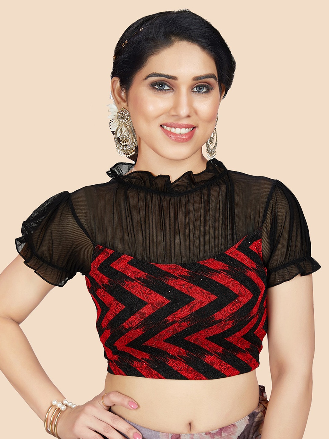 

neckbook Women Red & Black Printed Saree Blouse