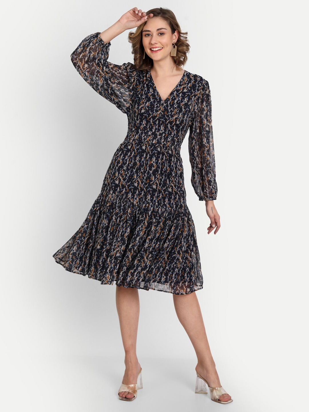 

CHARMGAL Navy Blue Animal Georgette Dress