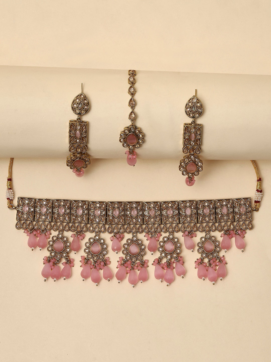 

Voylla Gold-Plated Pink Stone-Studded Choker Jewellery Set