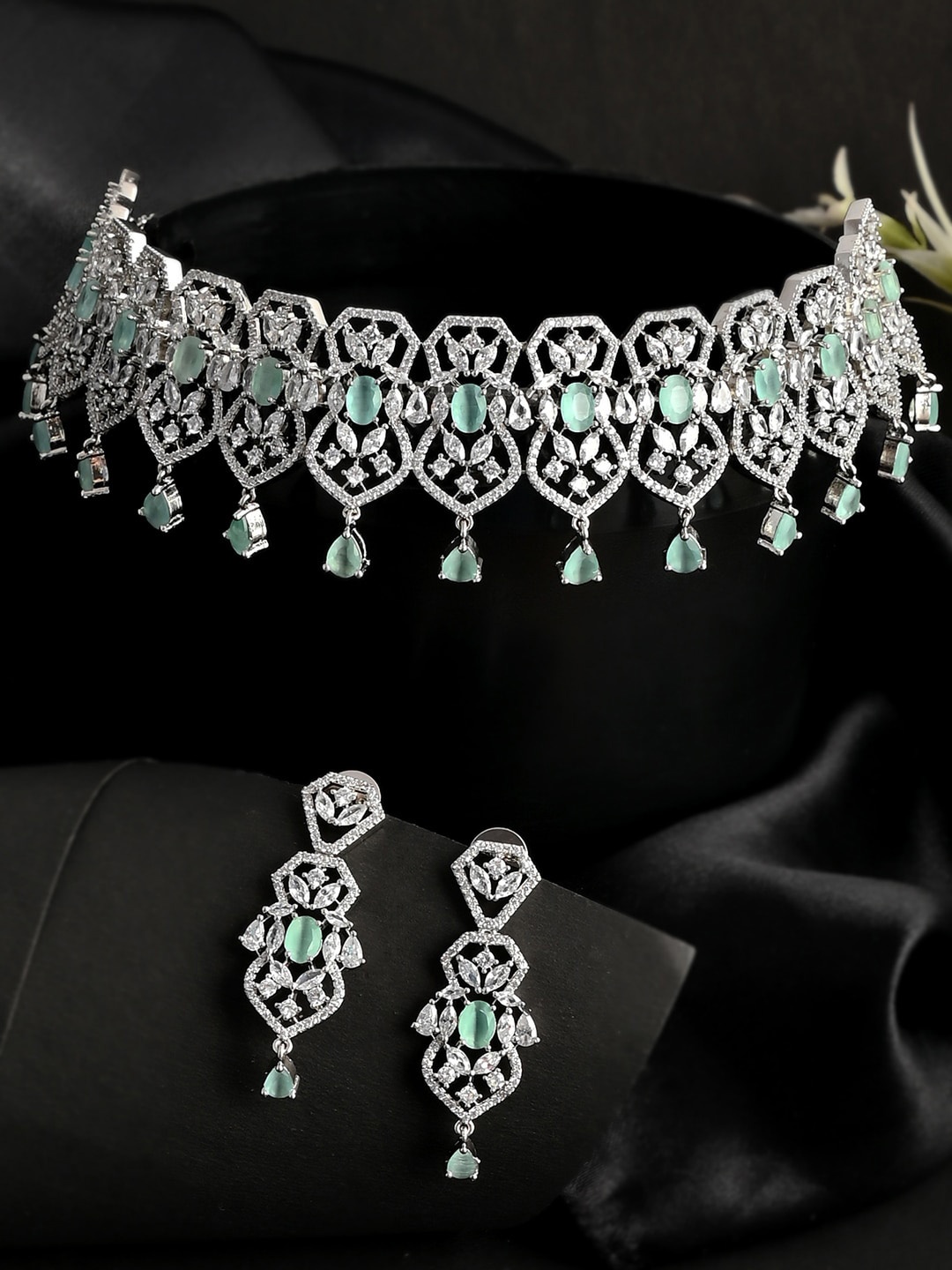 

Voylla Silver -Plated White & Green CZ Stone-Studded Jewellery Set