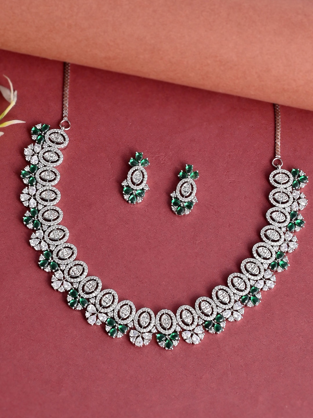 

Voylla Silver-Plated White & Green CZ Studded Jewellery Set