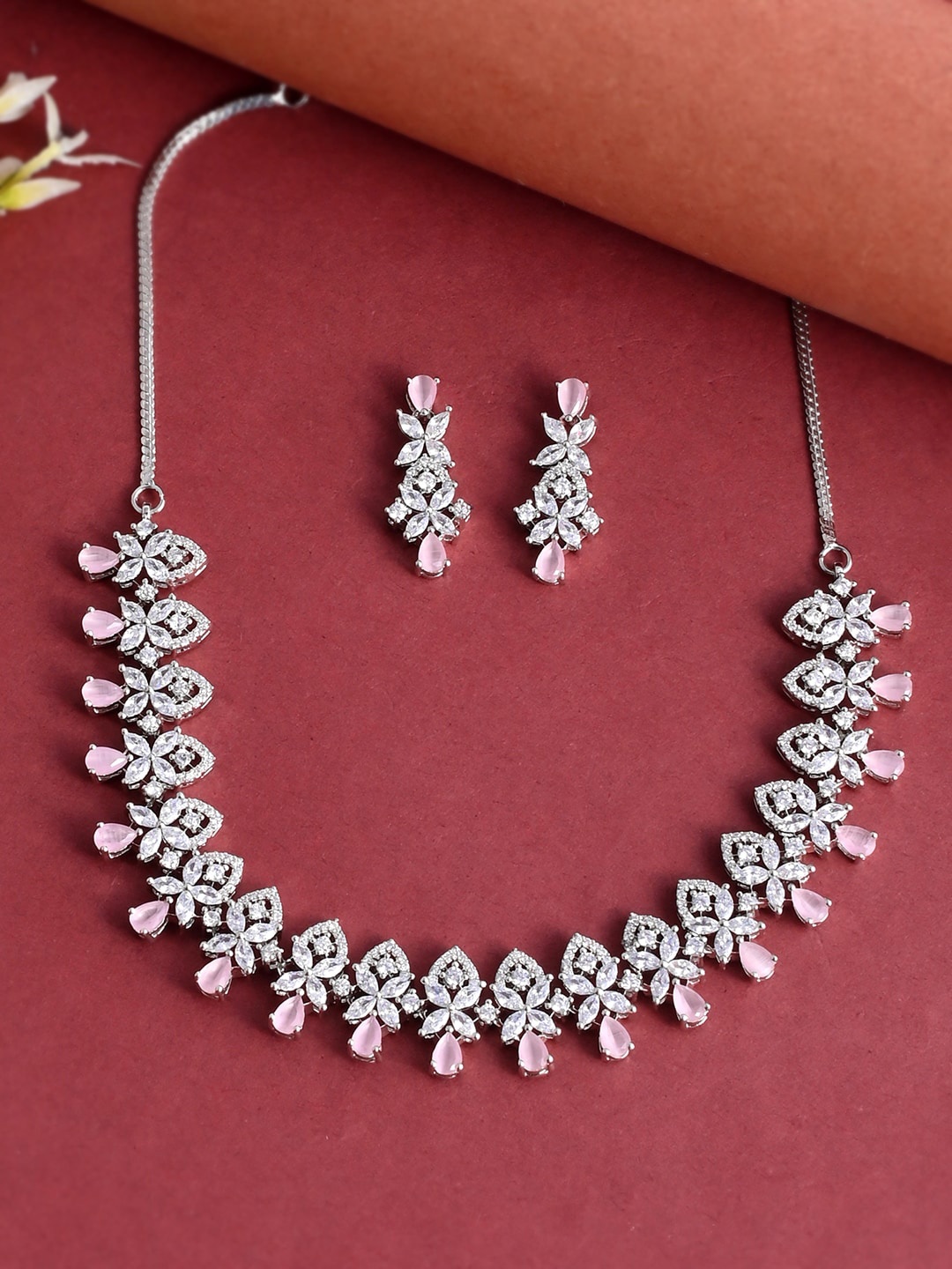 

Voylla Rhodium-Plated Silver-Toned White & Pink CZ-Studded Jewellery Sett