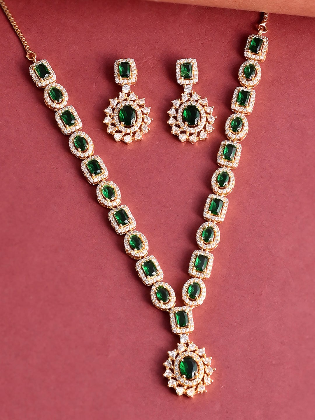 

Voylla Gold-Plated Green & White CZ Studded Jewellery Set