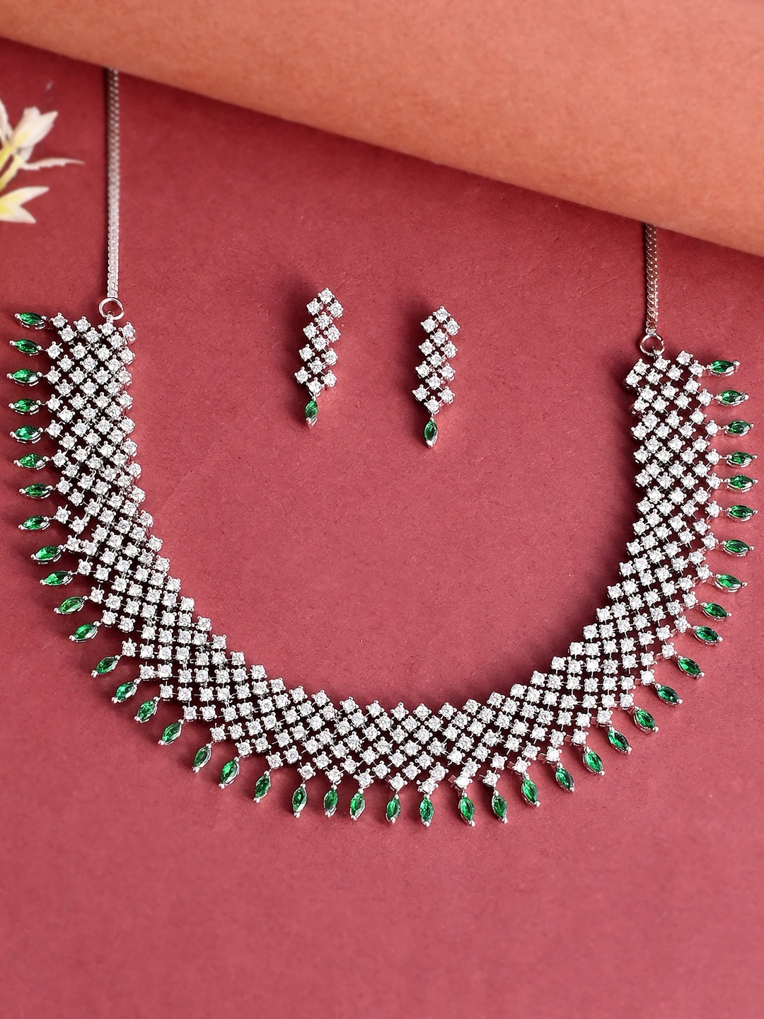 

Voylla Rhodium-Plated Silver-Toned White & Green CZ-Studded Jewellery Set