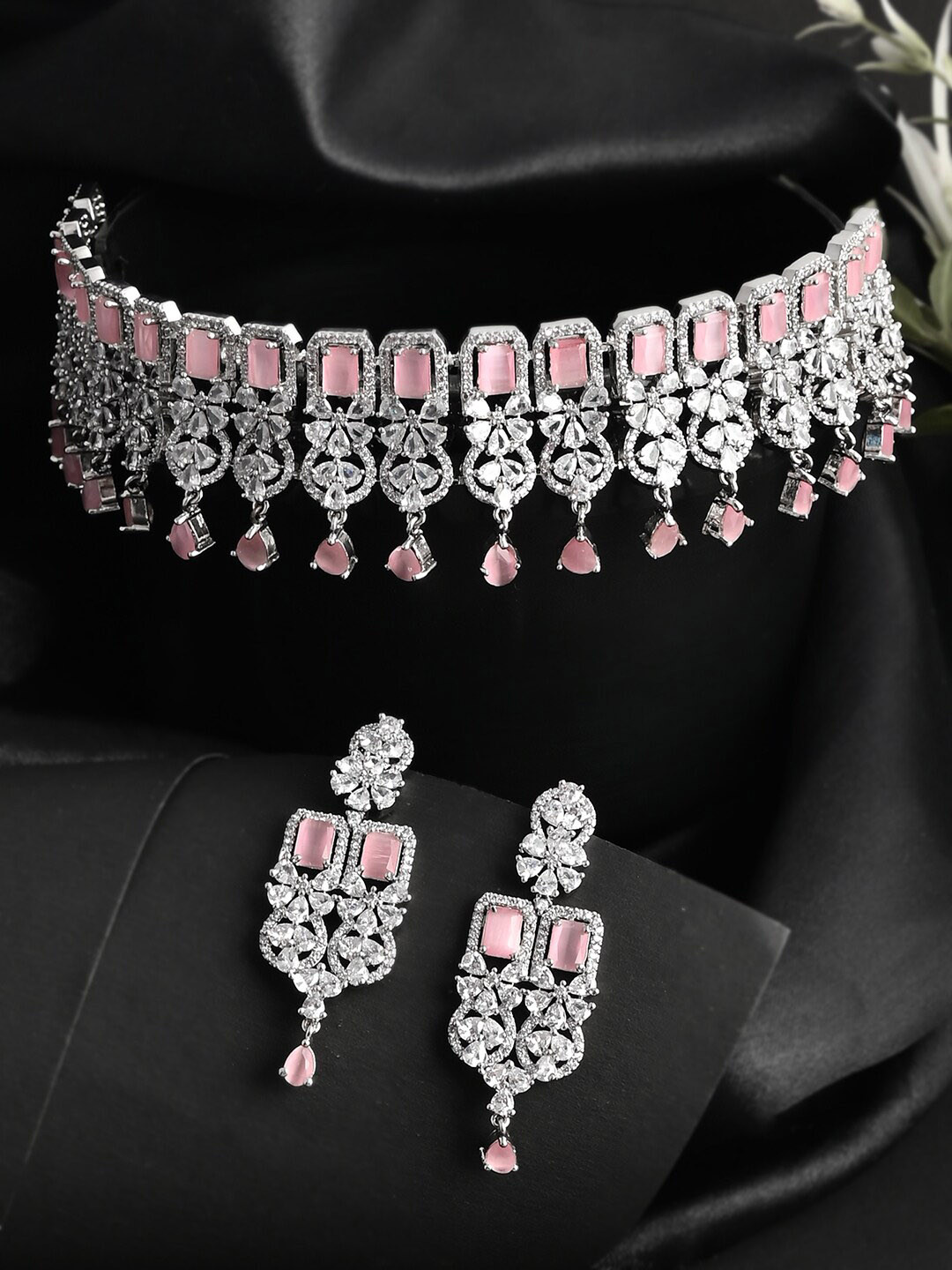 

Voylla Rhodium-Plated White & Pink CZ Studded Jewellery Set