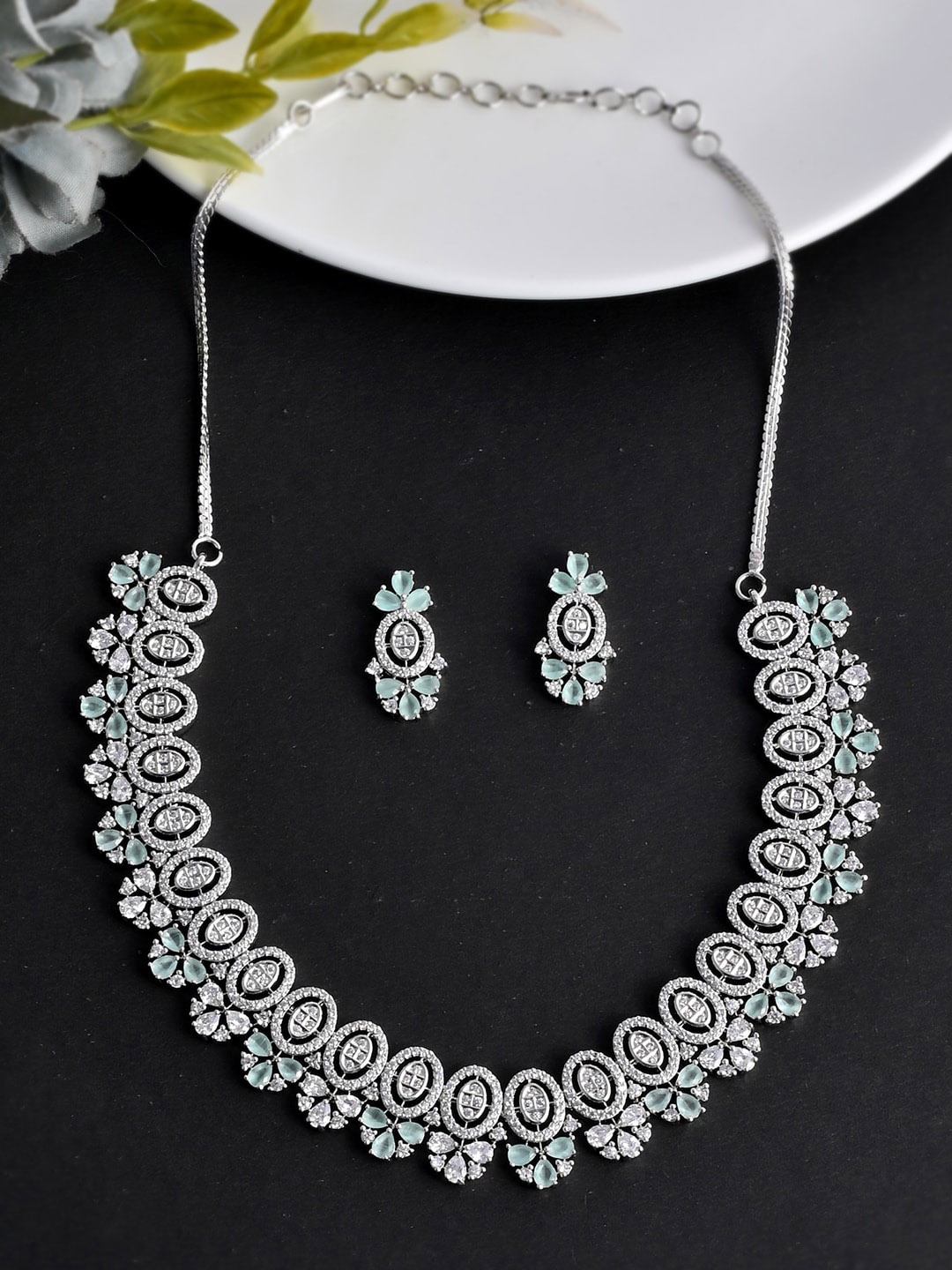 

Voylla Silver-Plated White Zircon Gem Stones-Studded Floral Jewellery Set, Green