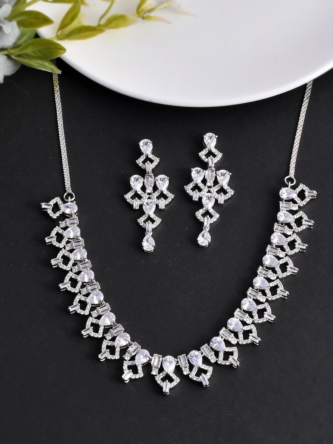 

Voylla Silver-Plated White CZ Studded Jewellery Set