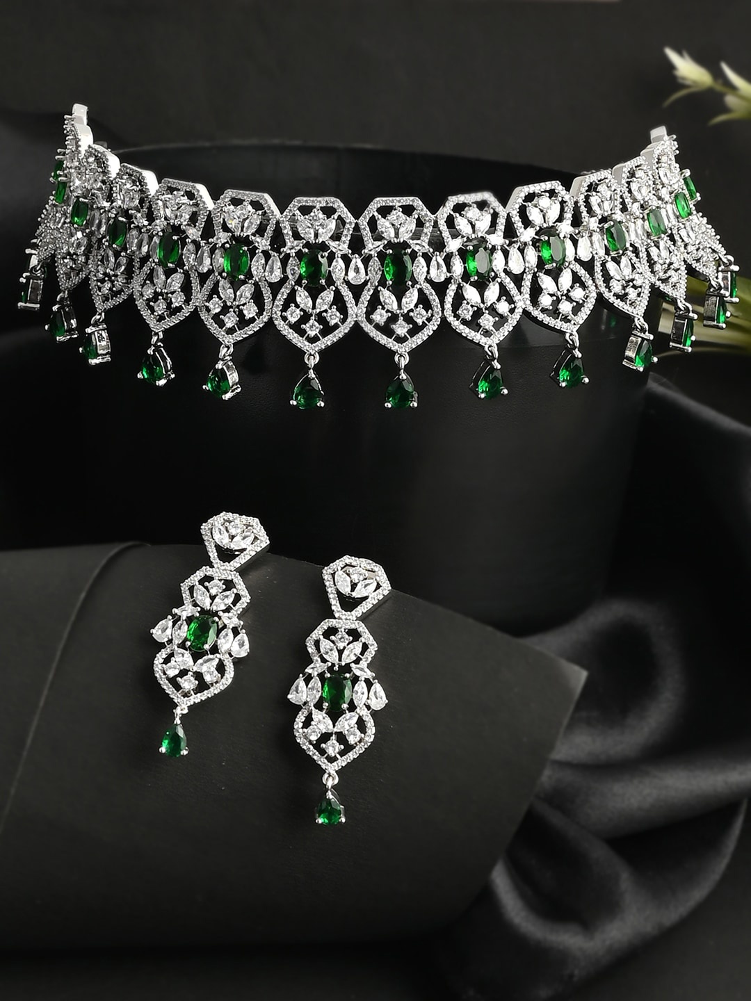 

Voylla Green Silver-Plated Green CZ Studded Jewellery Set