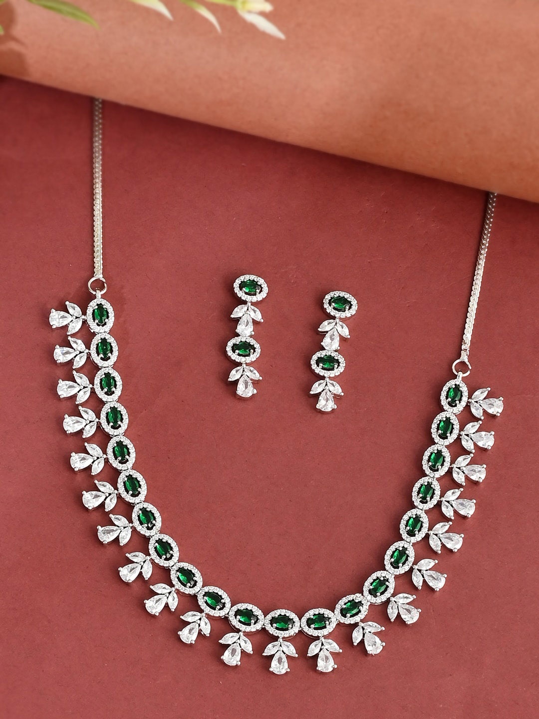 

Voylla White & Green Silver-Toned Rhodoim-Plated CZ-Studded Jewellery Set
