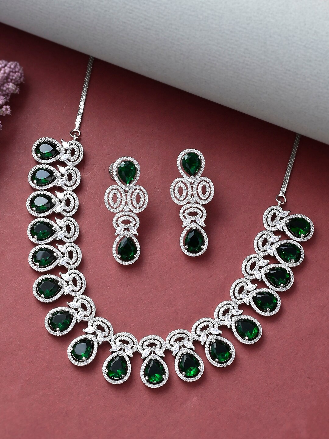 

Voylla Silver-Toned & Green Zircons Rhodium-Plated Stone-Studded Jewellery Set