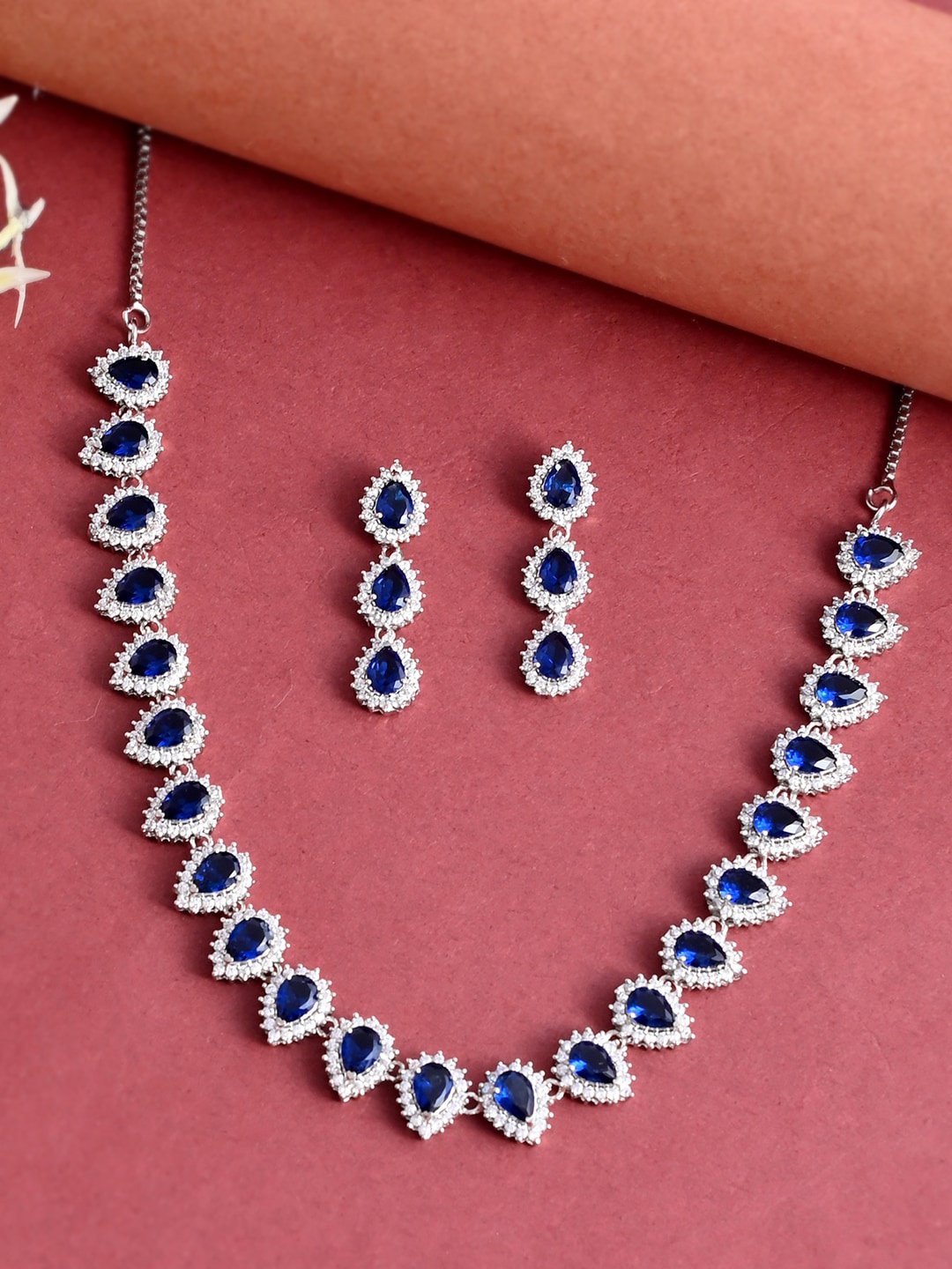 

Voylla Silver-Toned White & Blue CZ-Studded Rhodium-Plated Jewellery Set