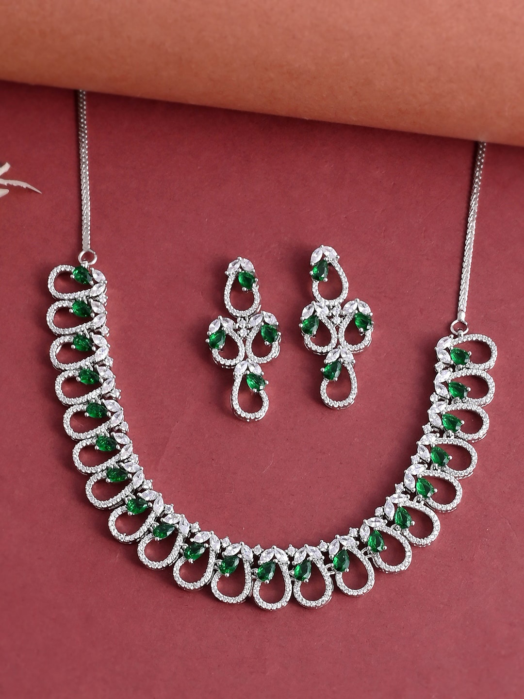 

Voylla Silver Toned & Green CZ Studded Rhodium-Plated Jewellery Set