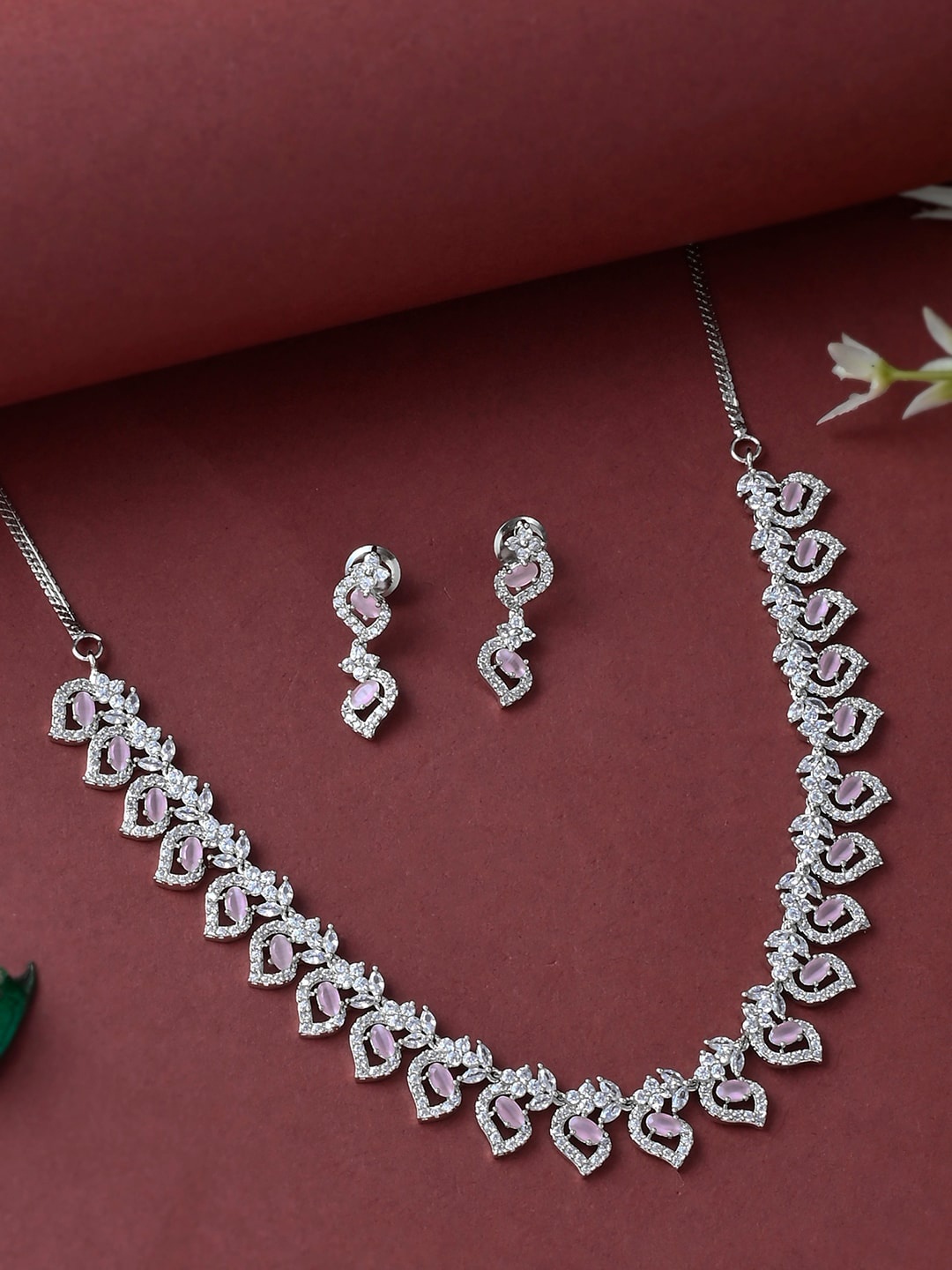 

Voylla Silver-Plated Pink CZ Studded Jewellery Set