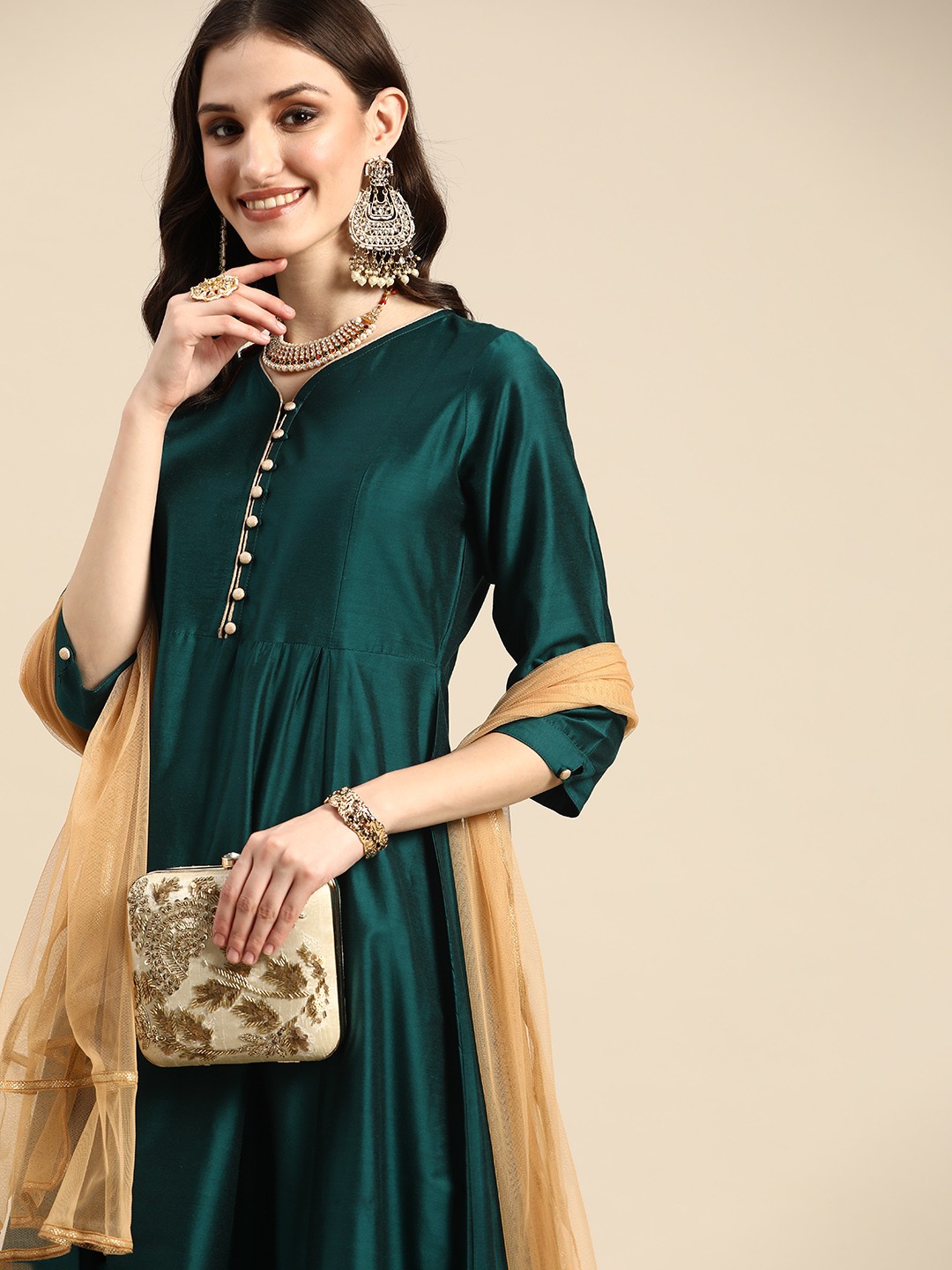 

Sangria Women Green & Beige Embroidered Anarkali Kurta with Dupatta