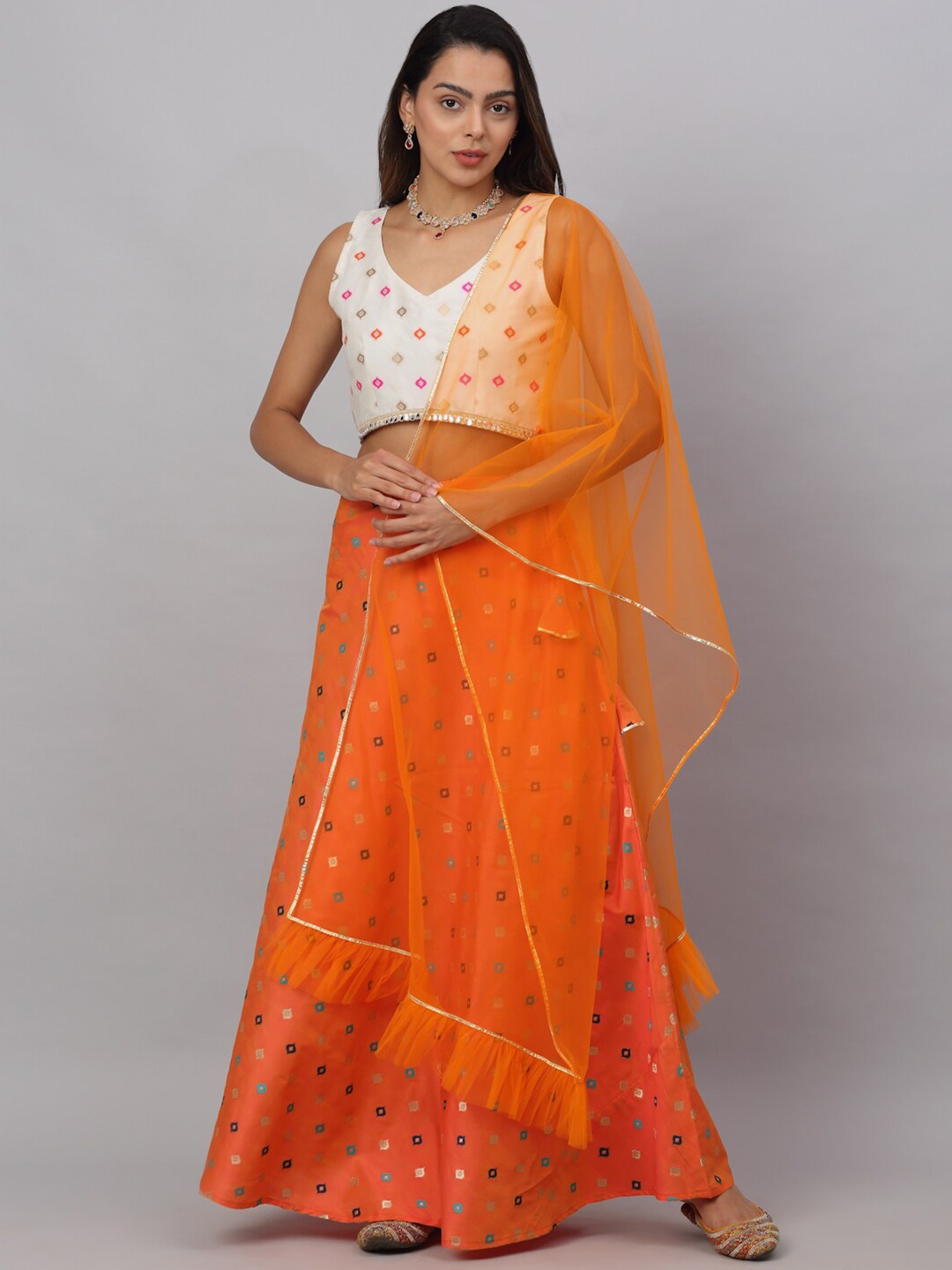 

NEUDIS Orange & White Printed Lehenga & Blouse With Dupatta