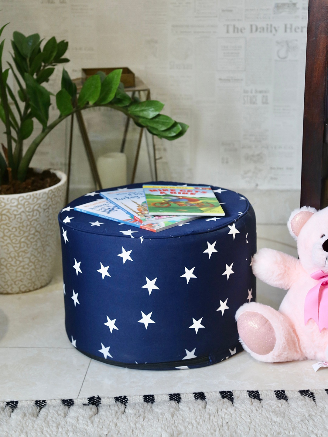 

My Gift Booth Kids Navy Blue Printed Ottoman